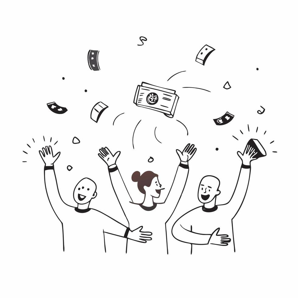 People with Floating Banknotes and Radiant Faces concept as A group of people with floating banknotes and radiant faces set against an ethereal background offering ample space for pure vector