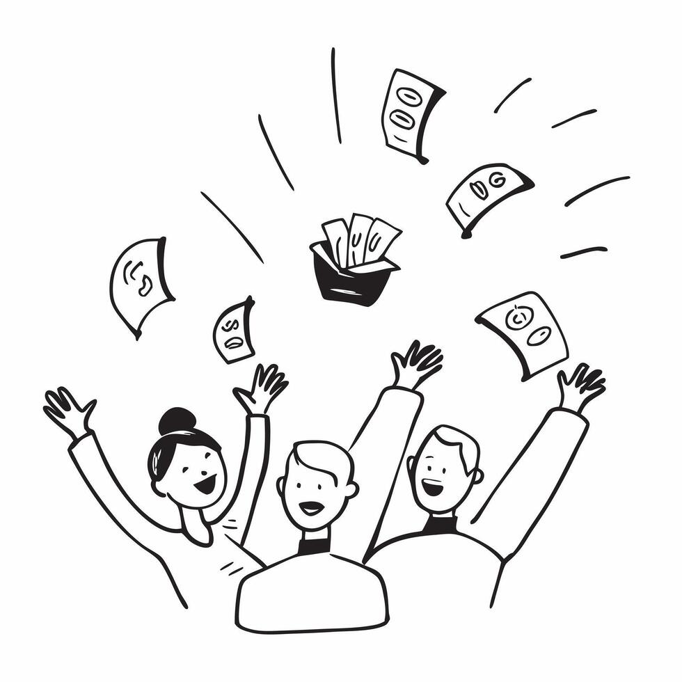 People with Floating Banknotes and Radiant Faces concept as A group of people with floating banknotes and radiant faces set against an ethereal background offering ample space for pure Set 3 vector