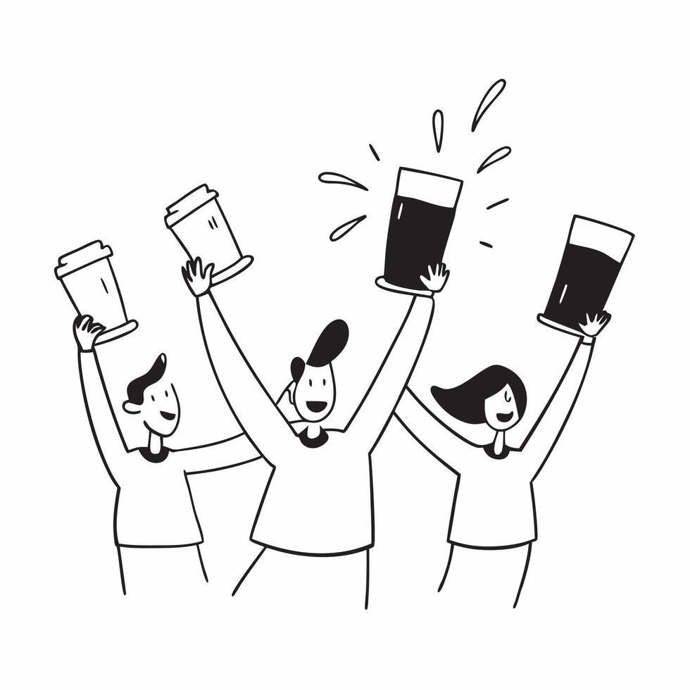 People with Floating Coffee Cups and Joyful Expressions concept as A group of people holding floating coffee cups with joyful expressions set against a fantastical background offer pure Set 2 vector