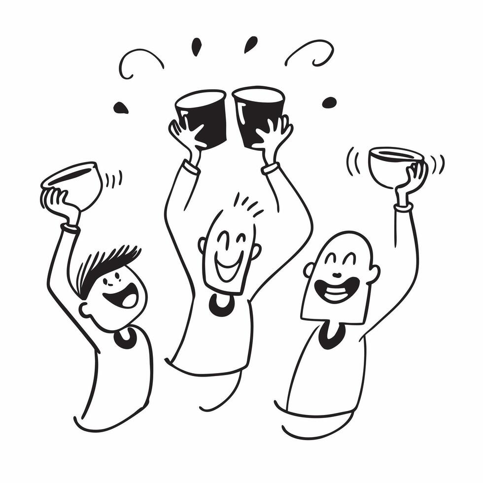 People with Floating Coffee Cups and Joyful Expressions concept as A group of people holding floating coffee cups with joyful expressions set against a fantastical background offer pure Set 4 vector