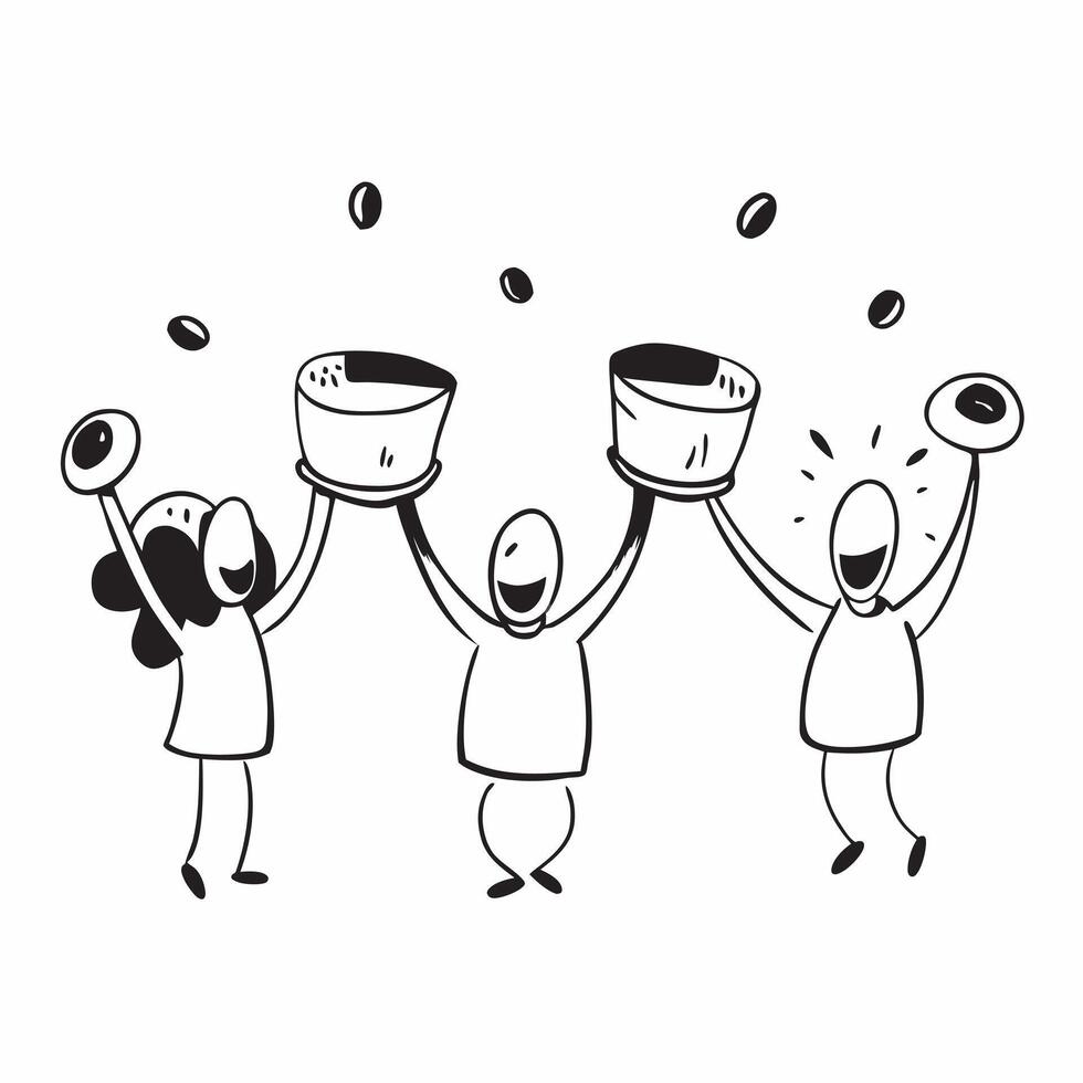 People with Floating Coffee Cups and Joyful Expressions concept as A group of people holding floating coffee cups with joyful expressions set against a fantastical background offer pure Set 5 vector