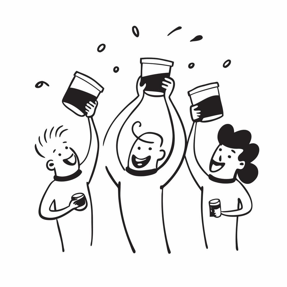 People with Floating Coffee Cups and Joyful Expressions concept as A group of people holding floating coffee cups with joyful expressions set against a fantastical background offer pure Set 6 vector