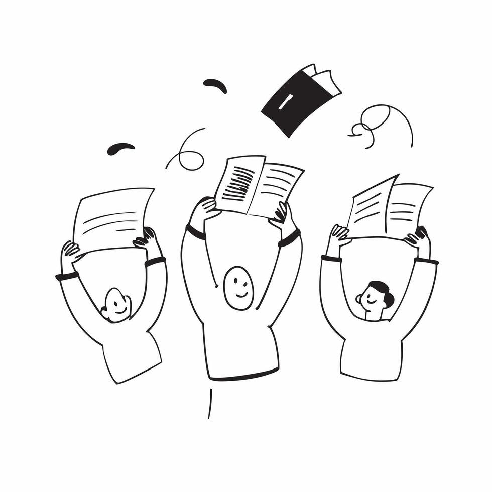 People with Floating Documents and Happy Expressions concept as A group of people holding floating documents with happy expressions set against a whimsical background offering ampl pure Set 2 vector