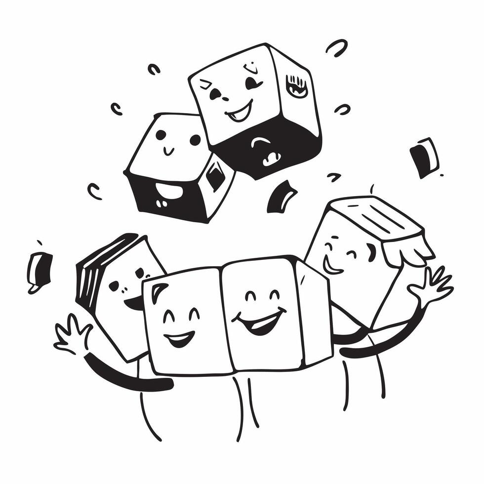 People with Floating Delivery Boxes and Smiling Faces concept as A group of people holding floating delivery boxes with smiling faces set against a whimsical background offering am pure vector