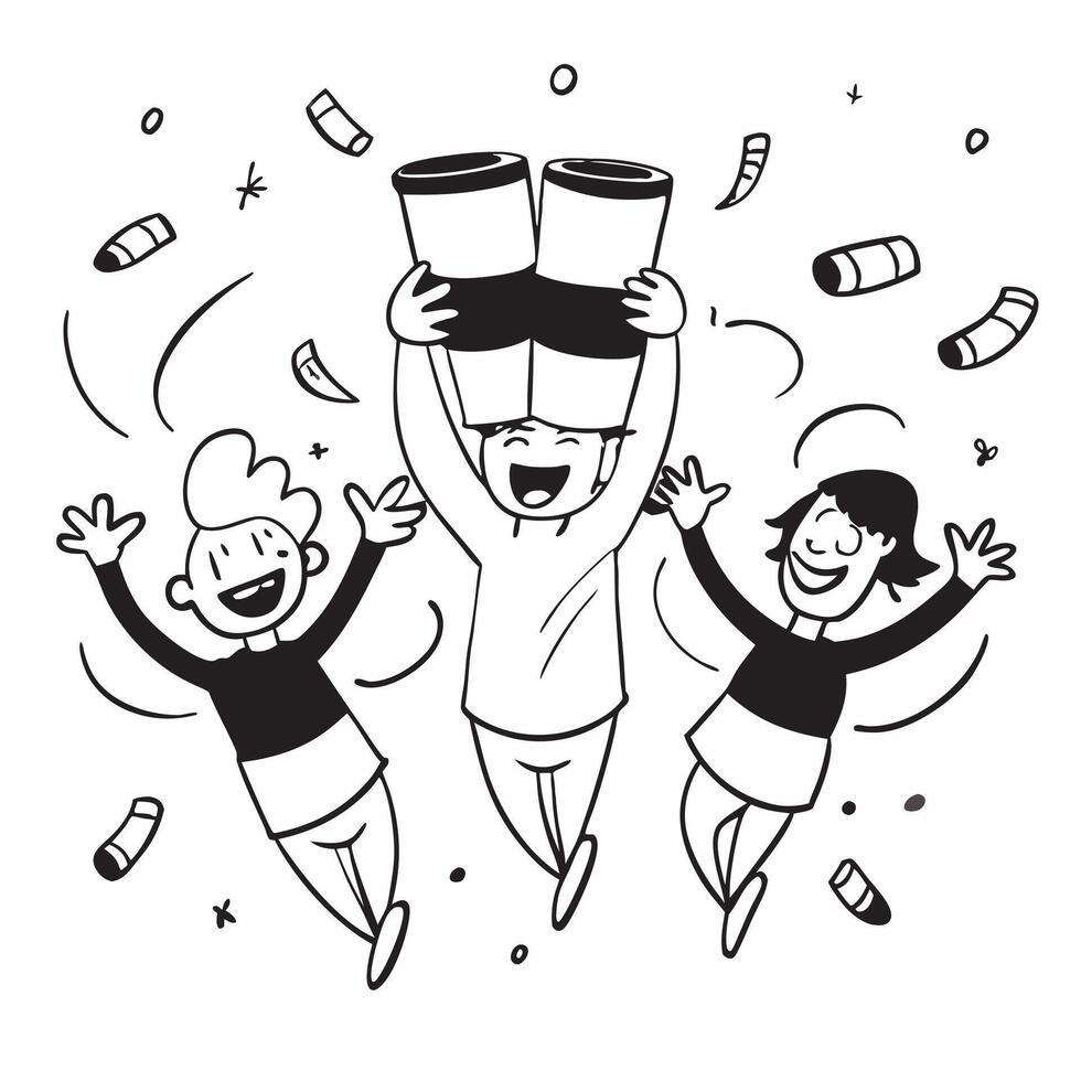 People with Floating Coffee Cups and Joyful Expressions concept as A group of people holding floating coffee cups with joyful expressions set against a fantastical background offer pure Set 3 vector