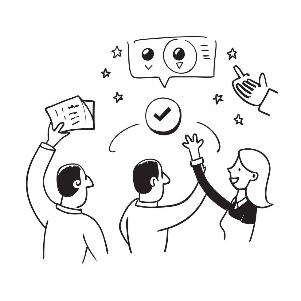 People with Floating Feedback Tools and Joyful Faces concept as A group of people using floating feedback tools with joyful faces set against a whimsical background offering ample pure vector
