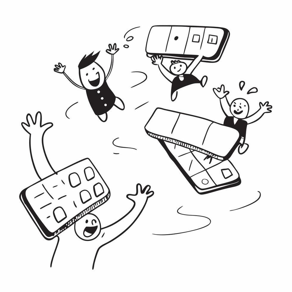 People with Floating Keyboards and Joyful Faces concept as A group of people using floating keyboards with joyful faces set against a dreamy background offering ample space for tex pure Set 3 vector