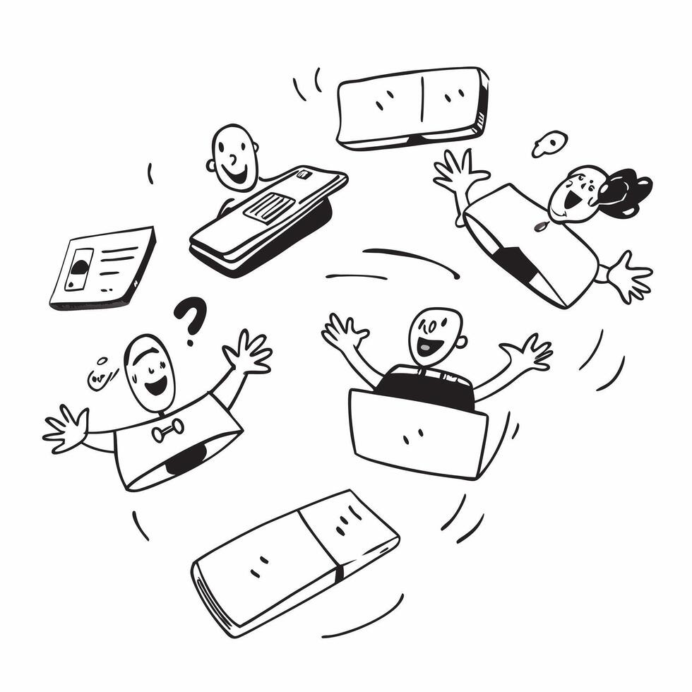 People with Floating Meeting Devices and Happy Expressions concept as A group of people using floating meeting devices with happy expressions set against a fantastical background o pure Set 3 vector