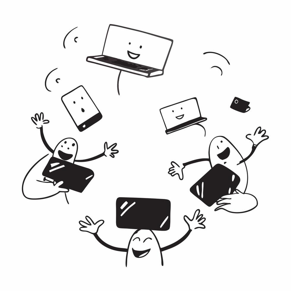 People with Floating Meeting Devices and Happy Expressions concept as A group of people using floating meeting devices with happy expressions set against a fantastical background o pure Set 2 vector