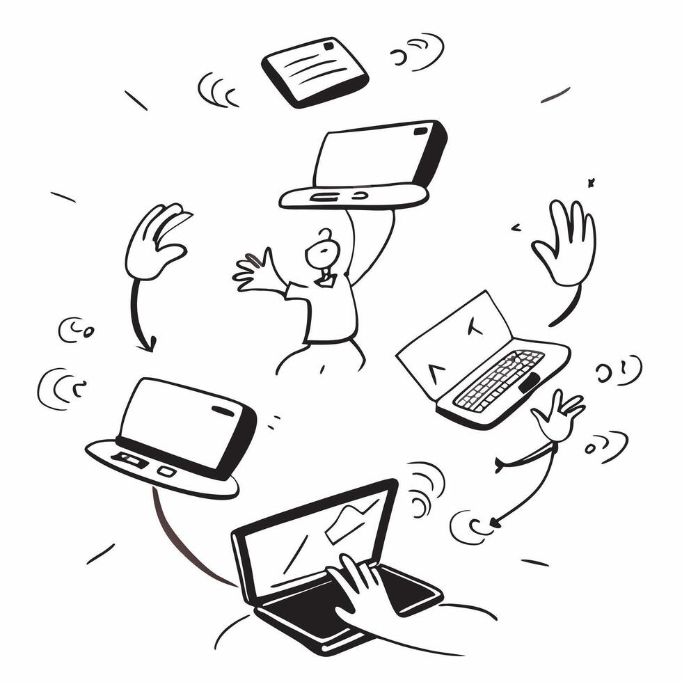 People with Floating Meeting Devices and Happy Expressions concept as A group of people using floating meeting devices with happy expressions set against a fantastical background o pure vector