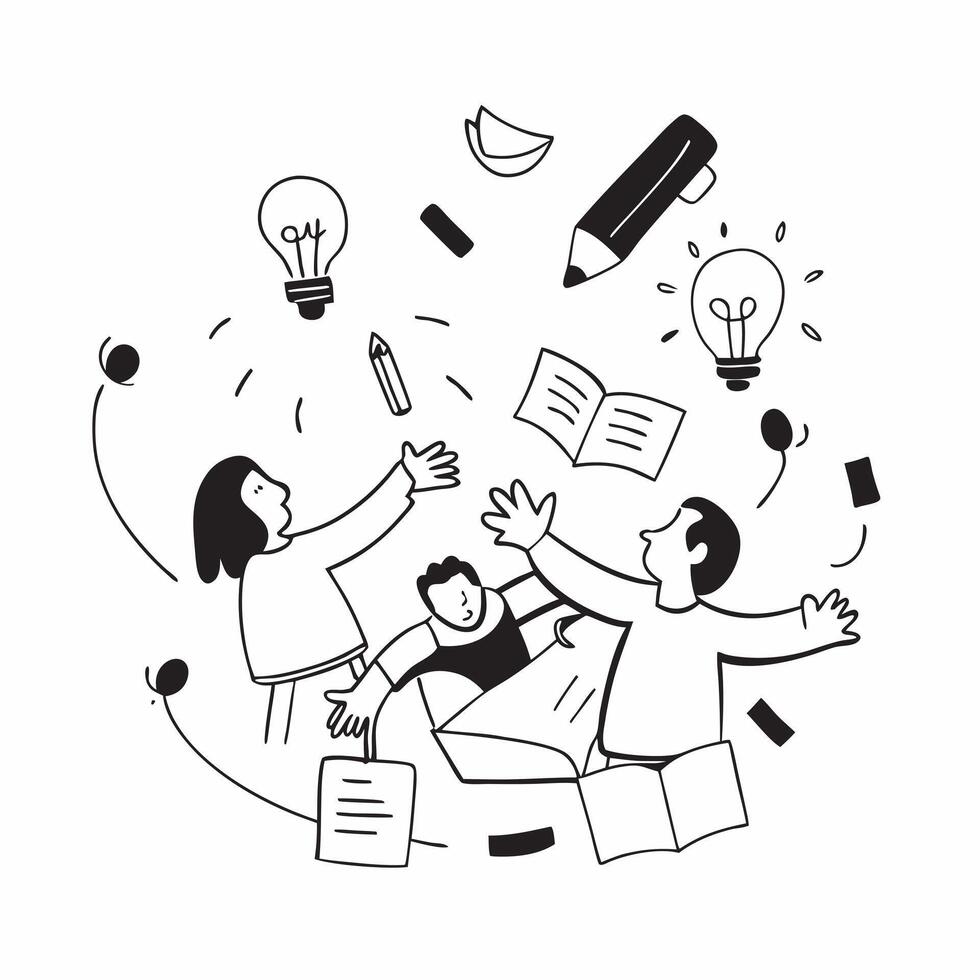 People with Floating Meeting Tools and Joyful Expressions concept as A group of people using floating meeting tools with joyful expressions set against a whimsical background offer pure vector