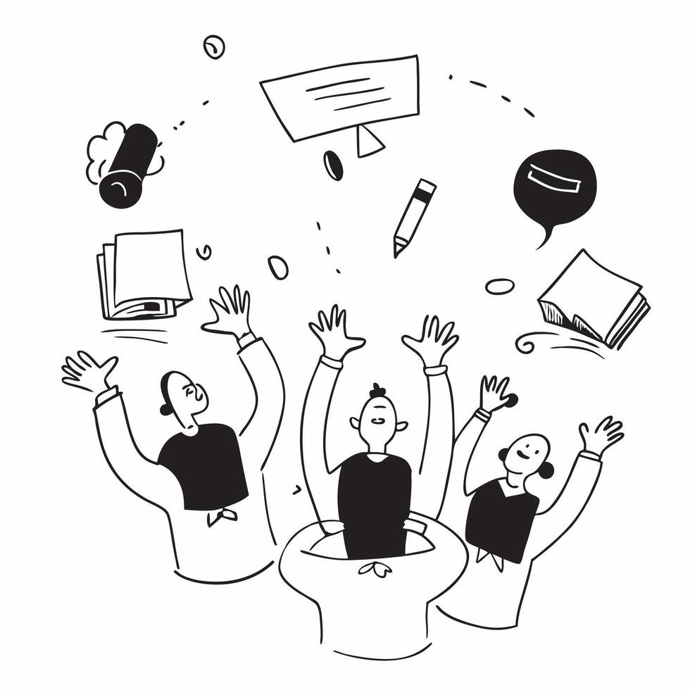 People with Floating Meeting Tools and Joyful Expressions concept as A group of people using floating meeting tools with joyful expressions set against a whimsical background offer pure Set 3 vector