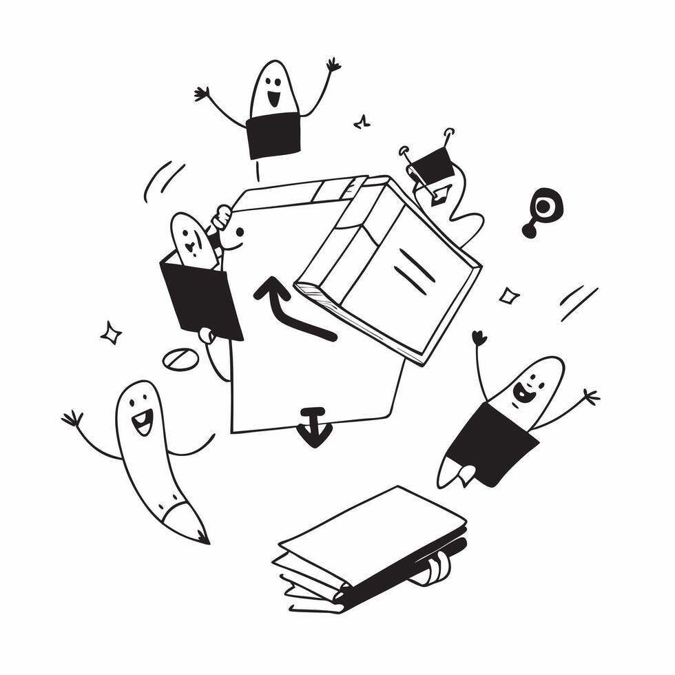 People with Floating Office Tools and Smiling Faces concept as A group of people using floating office tools with smiling faces set against a whimsical background offering ample sp pure Set 2 vector