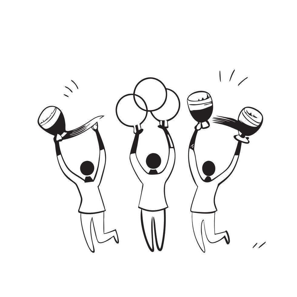 People with Floating Performance Awards and Joyful Faces concept as A group of people holding floating performance awards with joyful faces set against a fantastical background off pure Set 2 vector