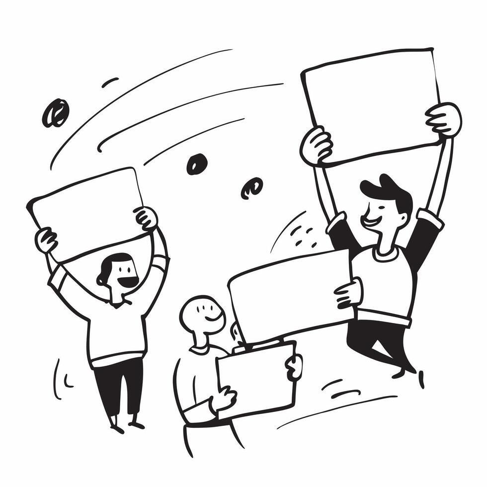 People with Floating Whiteboards and Joyful Faces concept as A group of people using floating whiteboards with joyful faces set against a dreamy background offering ample space for pure Set 3 vector
