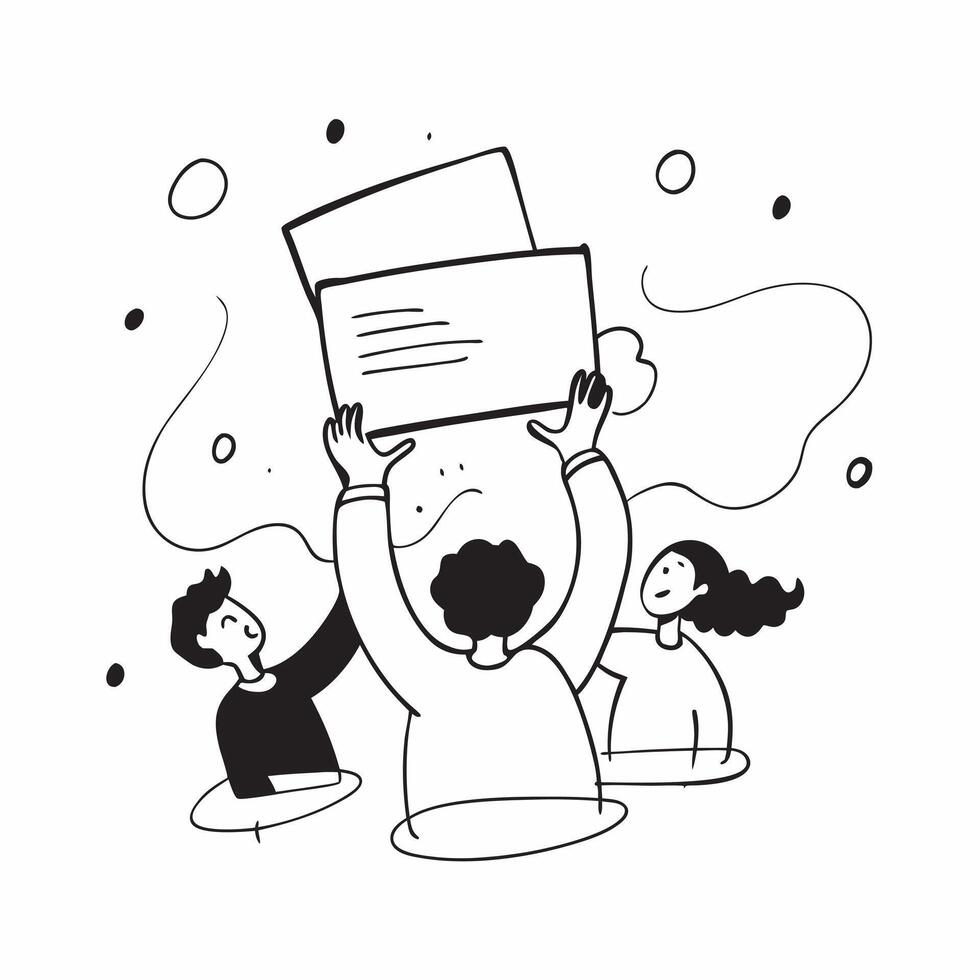 People with Floating Whiteboards and Joyful Faces concept as A group of people using floating whiteboards with joyful faces set against a dreamy background offering ample space for pure Set 2 vector