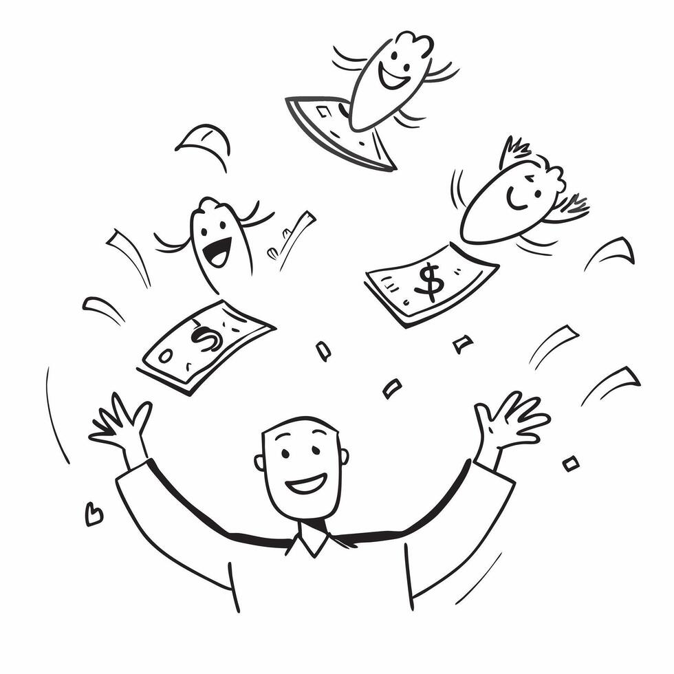 People with Flying Dollar Bills and Luminous Smiles concept as A group of people with flying dollar bills and luminous smiles set against an ethereal background offering ample spac pure vector