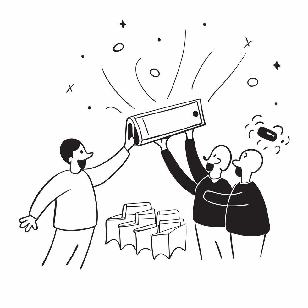 People with Glowing Barcode Scanners and Joyful Expressions concept as A group of people using glowing barcode scanners with joyful expressions set against a fantastical background pure vector