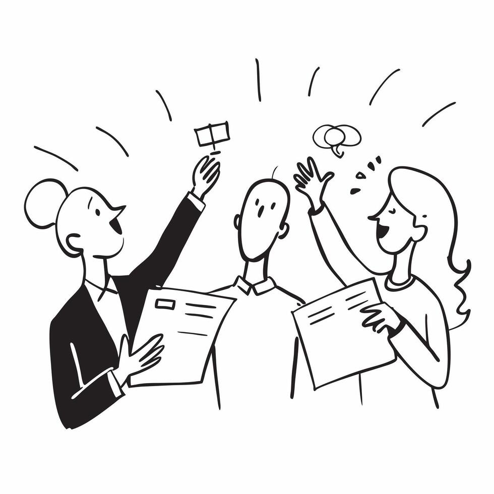 People with Glowing Candidate Interviews and Joyful Expressions concept as A group of people conducting glowing candidate interviews with joyful expressions set against a fantastic pure vector