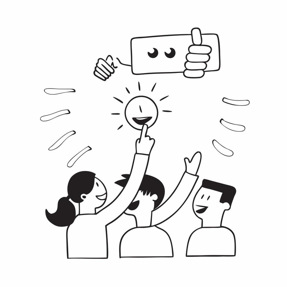 People with Glowing Feedback Tools and Joyful Faces concept as A group of people using glowing feedback tools with joyful faces set against a whimsical background offering ample sp pure vector