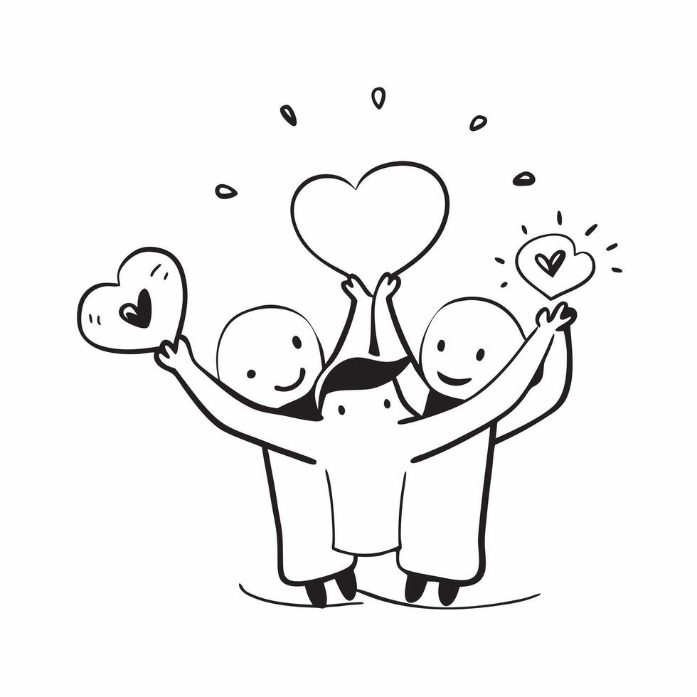 People with Glowing Hearts and Joyful Expressions concept as A group of people holding glowing hearts with joyful expressions set against a dreamy background offering ample space f pure Set 2 vector