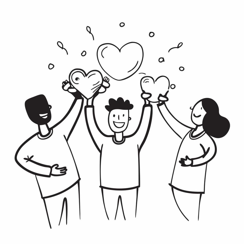 People with Glowing Hearts and Joyful Expressions concept as A group of people holding glowing hearts with joyful expressions set against a dreamy background offering ample space f pure Set 3 vector