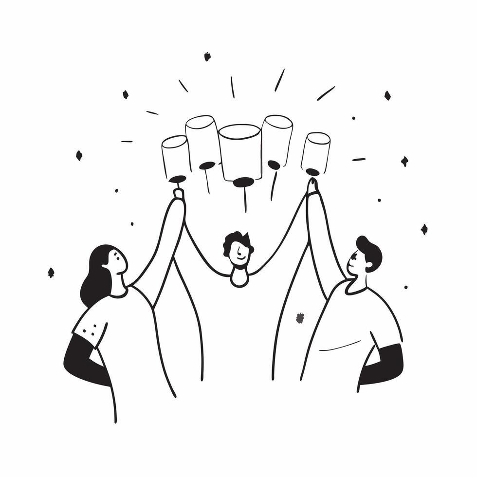 People with Glowing Lanterns and Joyful Expressions concept as A group of people holding glowing lanterns with joyful expressions set against a fantastical background offering ampl pure Set 2 vector