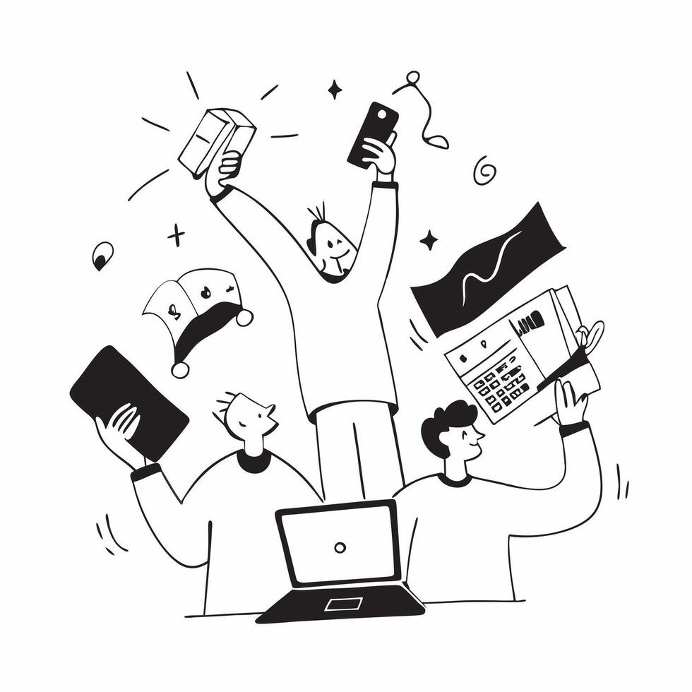 People with Glowing Office Gadgets and Joyful Expressions concept as A group of people using glowing office gadgets with joyful expressions set against a fantastical background off pure vector