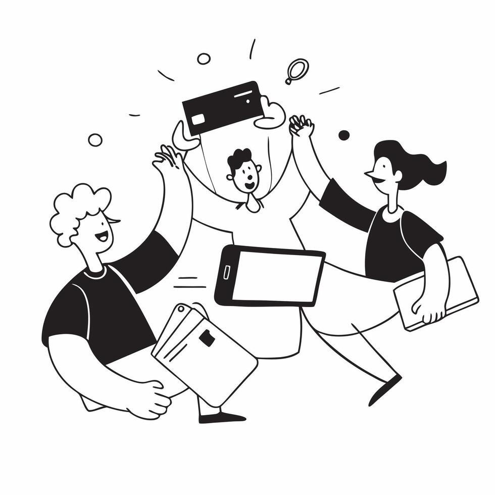 People with Glowing Office Gadgets and Joyful Expressions concept as A group of people using glowing office gadgets with joyful expressions set against a fantastical background off pure Set 3 vector