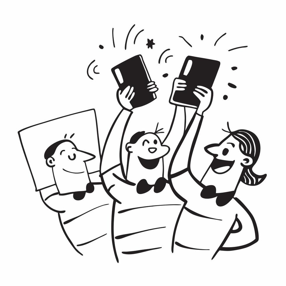 People with Glowing Notebooks and Joyful Expressions concept as A group of people holding glowing notebooks with joyful expressions set against a dreamy background offering ample s pure Set 3 vector