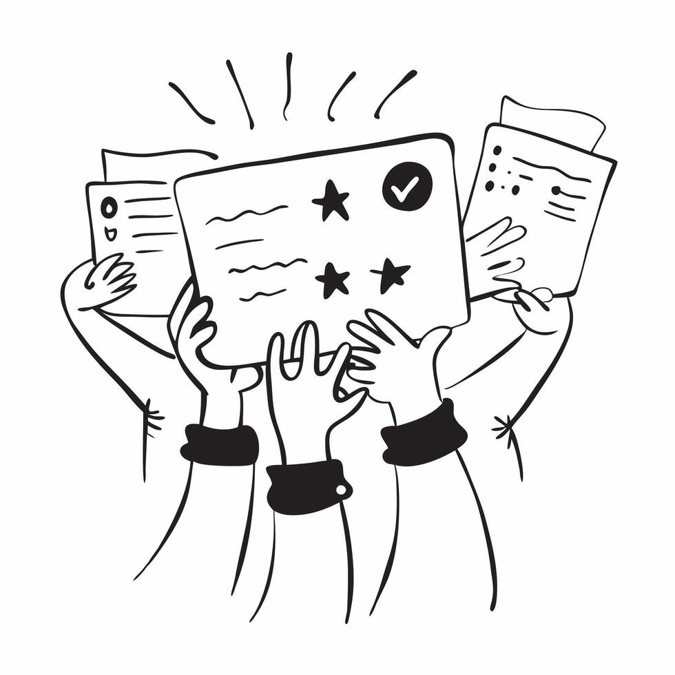 People with Glowing Review Notes and Joyful Expressions concept as A group of people holding glowing review notes with joyful expressions set against a fantastical background offer pure Set 3 vector
