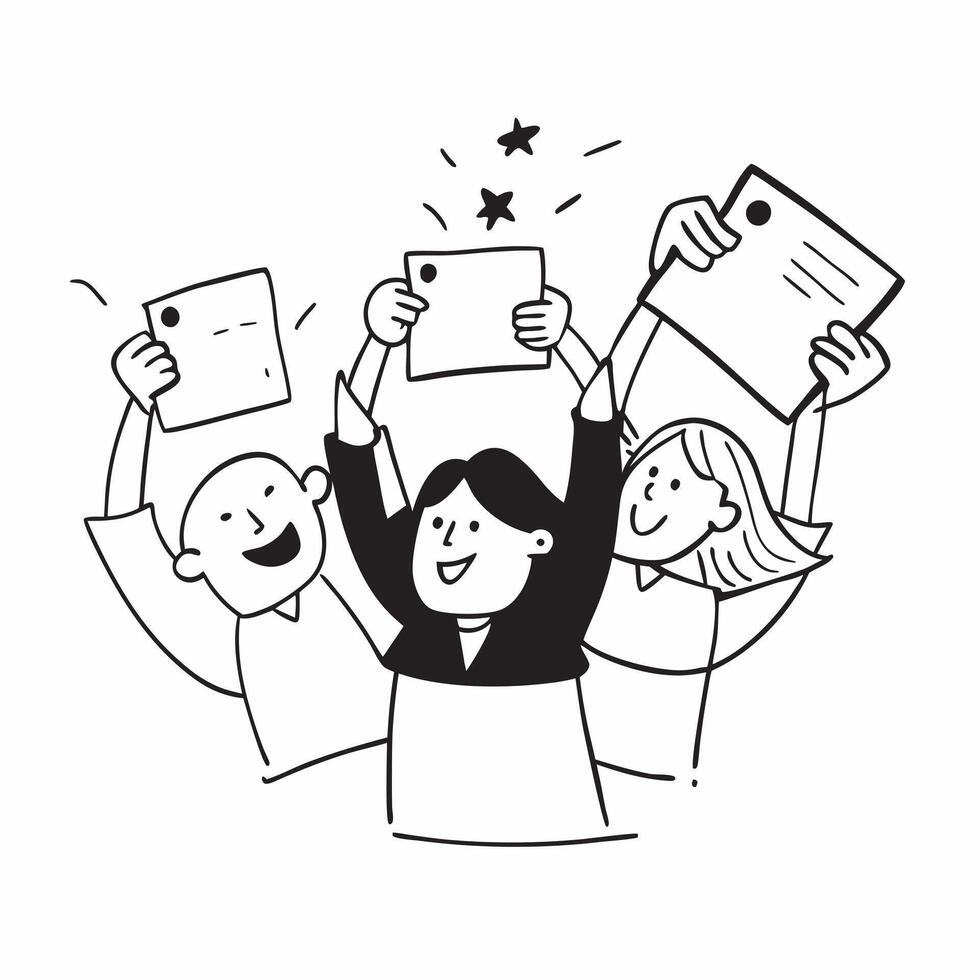 People with Glowing Review Notes and Joyful Expressions concept as A group of people holding glowing review notes with joyful expressions set against a fantastical background offer pure vector