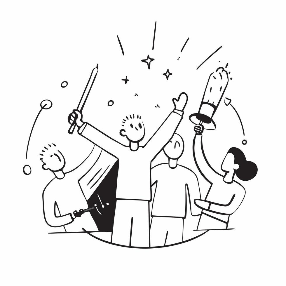 People with Glowing Tools and Joyful Expressions concept as A group of people using glowing tools with joyful expressions set against a fantastical background offering ample space pure vector