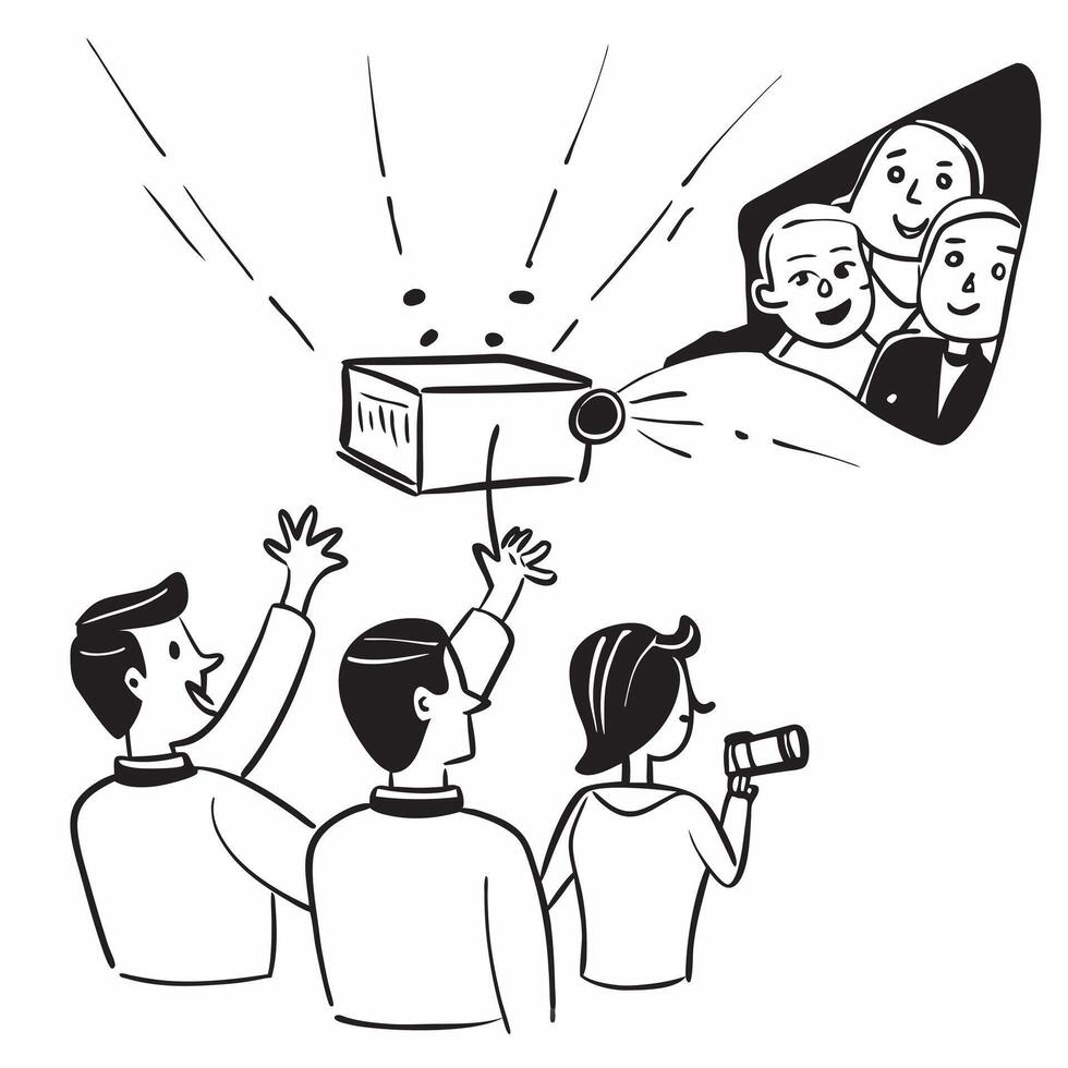 People with Glowing Projectors and Smiling Faces concept as A group of people using glowing projectors with smiling faces set against a fantastical background offering ample space pure vector