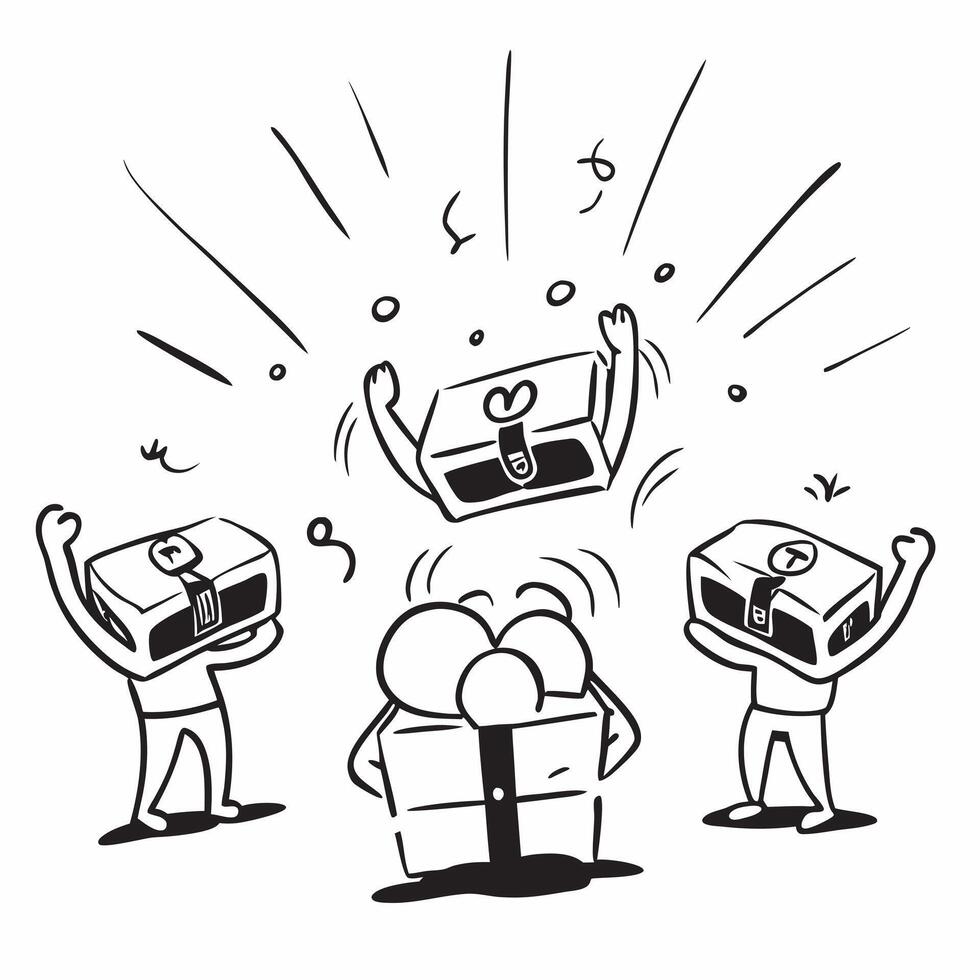People with Glowing Treasure Chests and Joyful Expressions concept as A group of people with glowing treasure chests and joyful expressions set against a fantastical background off pure vector