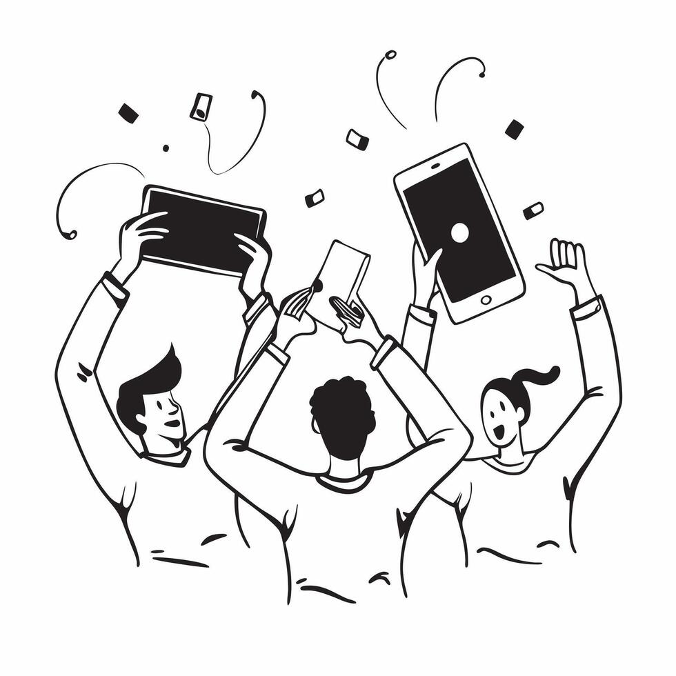 People with Glowing Tablets and Joyful Expressions concept as A group of people using glowing tablets with joyful expressions set against a fantastical background offering ample sp pure vector