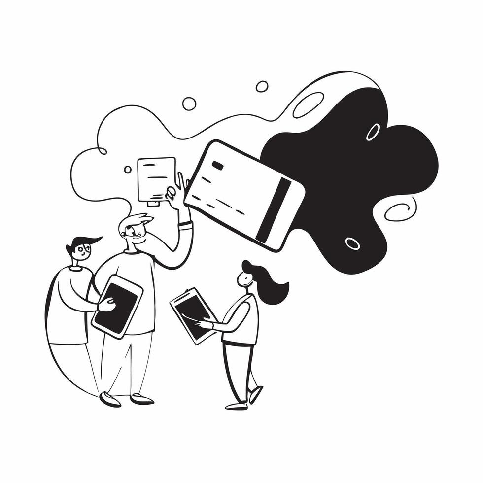 People with Watercolor Business Collaborations and Smartphones concept as A group of people engaging in watercolor business collaborations with smartphones set against a whimsical pure Set 3 vector