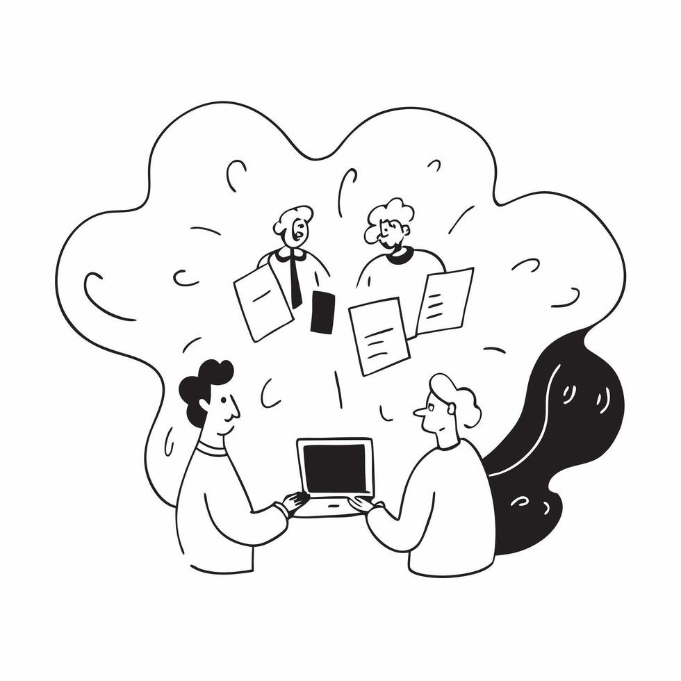 People with Watercolor Business Innovations and Laptops concept as A group of people discussing watercolor business innovations with laptops set against a fantastical background of pure vector
