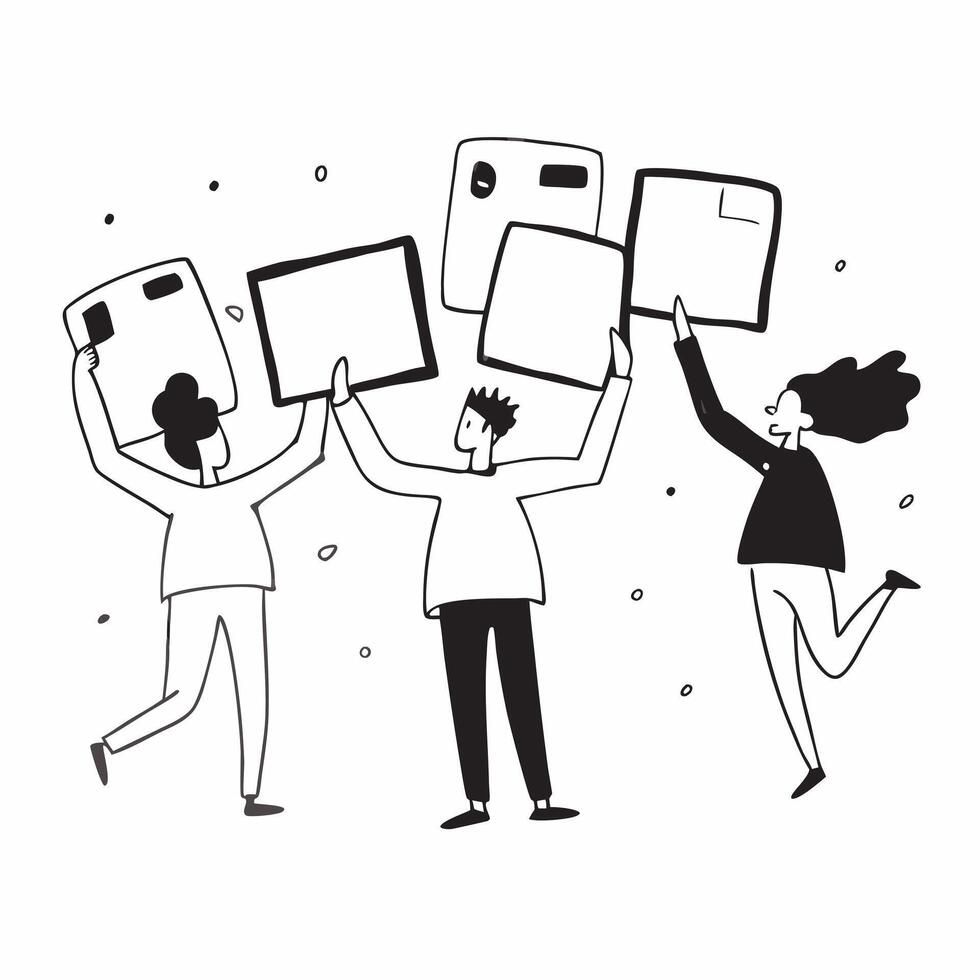 People with Watercolor Business Proposals and Tablets concept as A group of people presenting watercolor business proposals with tablets set against a dreamy background offering am pure Set 6 vector