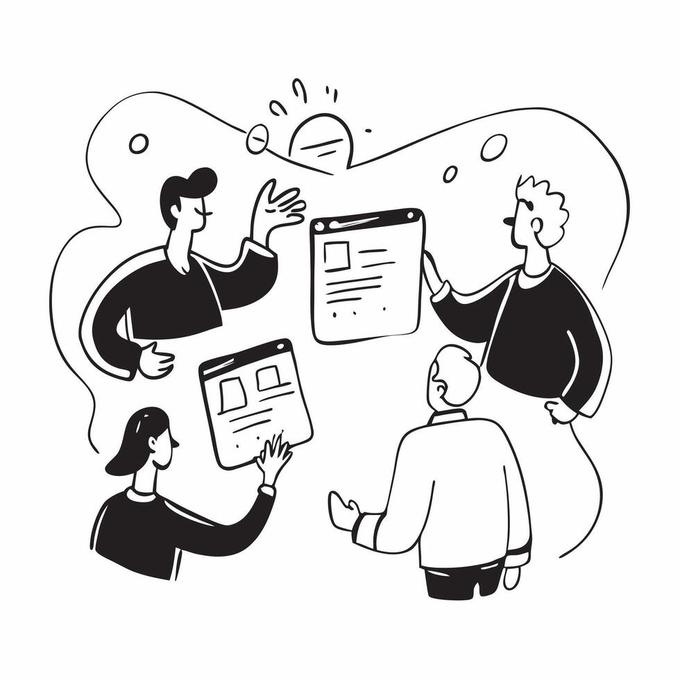 People with Watercolor Business Reviews and Tablets concept as A group of people discussing watercolor business reviews with tablets set against a whimsical background offering amp pure Set 9 vector