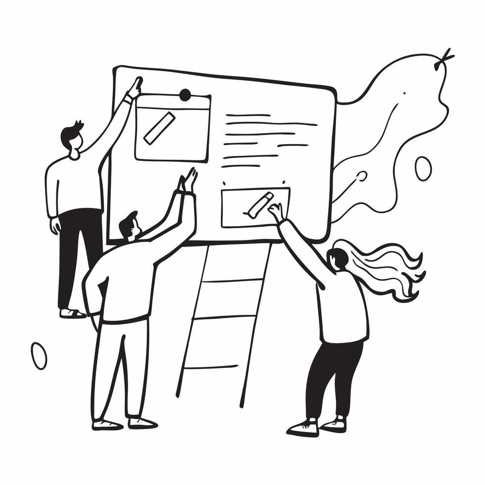 People with Watercolor Business Templates and Whiteboards concept as A group of people creating watercolor business templates on whiteboards set against a whimsical background offe pure vector
