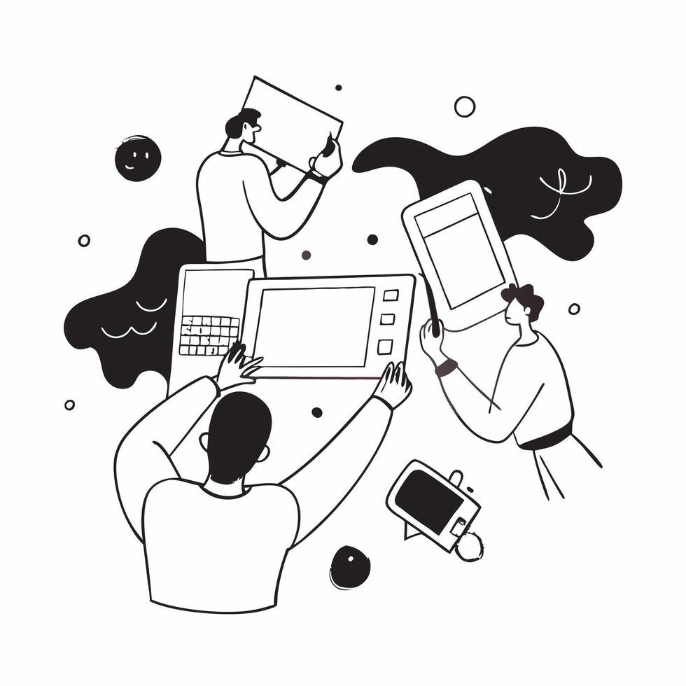 People with Watercolor Designs and Tablets concept as A group of people working on watercolor designs with tablets set against a dreamy background offering ample space for text or pure Set 3 vector