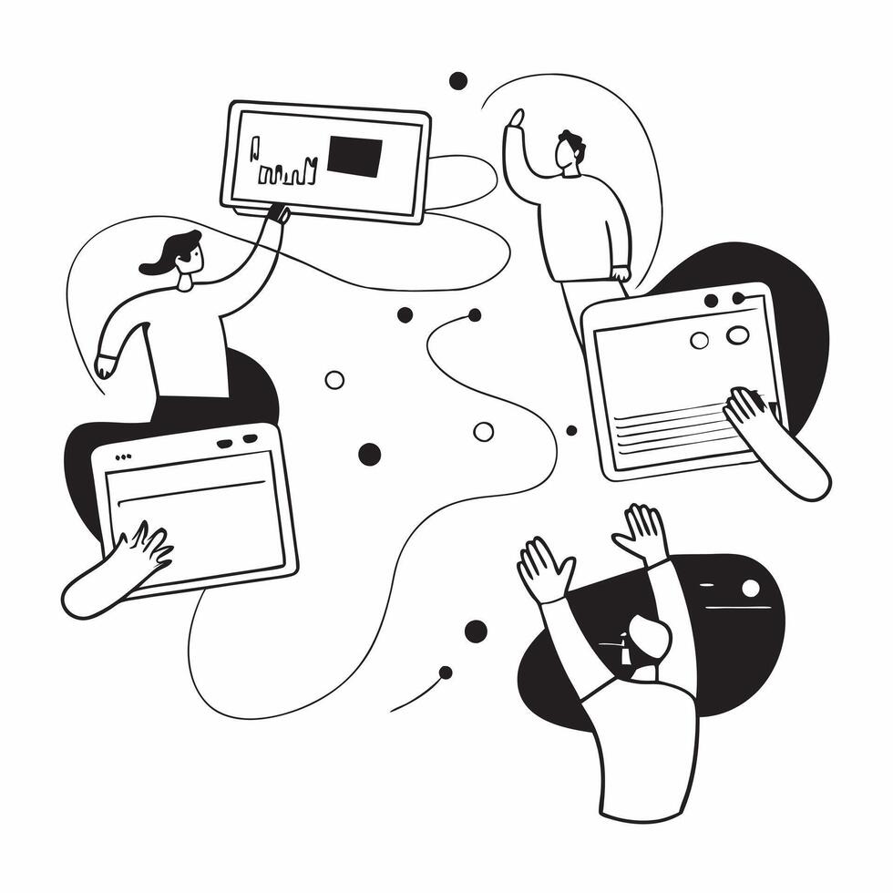 People with Watercolor Financial Dashboards and Laptops concept as A group of people interacting with watercolor financial dashboards on laptops set against a dreamy background off pure Set 4 vector