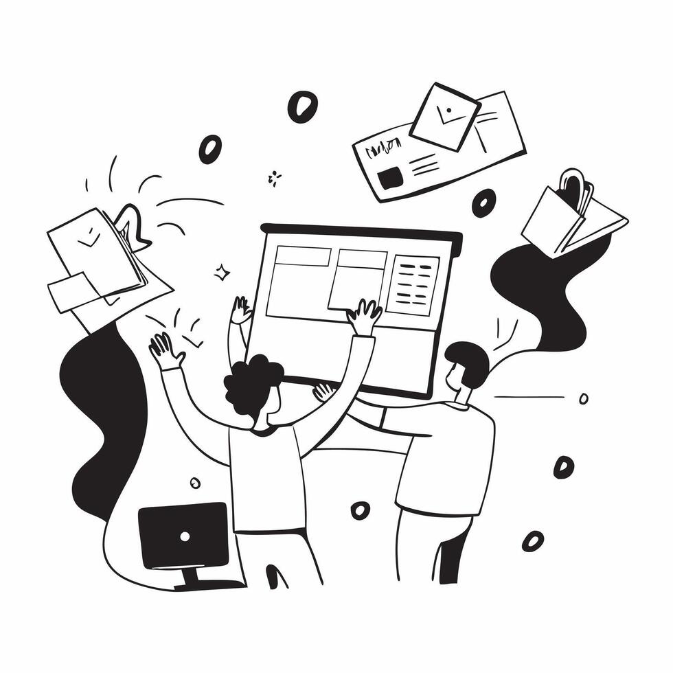 People with Watercolor Marketing Plans and Laptops concept as A group of people creating watercolor marketing plans with laptops set against a fantastical background offering ample pure vector