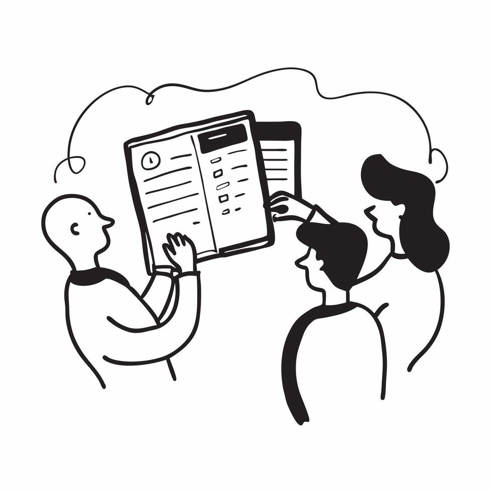 People with Watercolor Meeting Agendas and Tablets concept as A group of people reviewing watercolor meeting agendas with tablets set against a whimsical background offering ample pure Set 2 vector