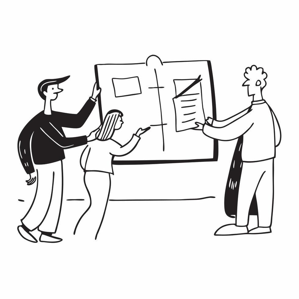 People with Watercolor Reports and Whiteboards concept as A group of people discussing watercolor reports on whiteboards set against a whimsical background offering ample space for pure Set 2 vector