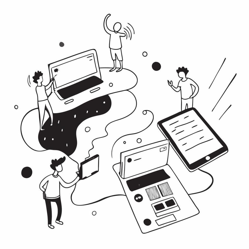 People with Watercolor Technology Platforms and Laptops concept as A group of people interacting with watercolor technology platforms on laptops set against a whimsical background pure Set 2 vector
