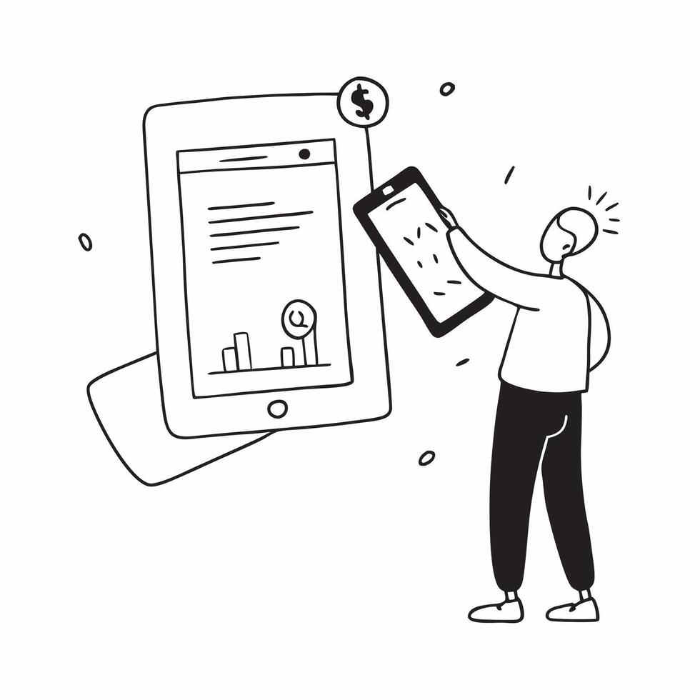 Person Analyzing Financial Data on Tablet concept as A person analyzing financial data on a tablet with a plain background offering ample space for text or graphics representing mo pure vector