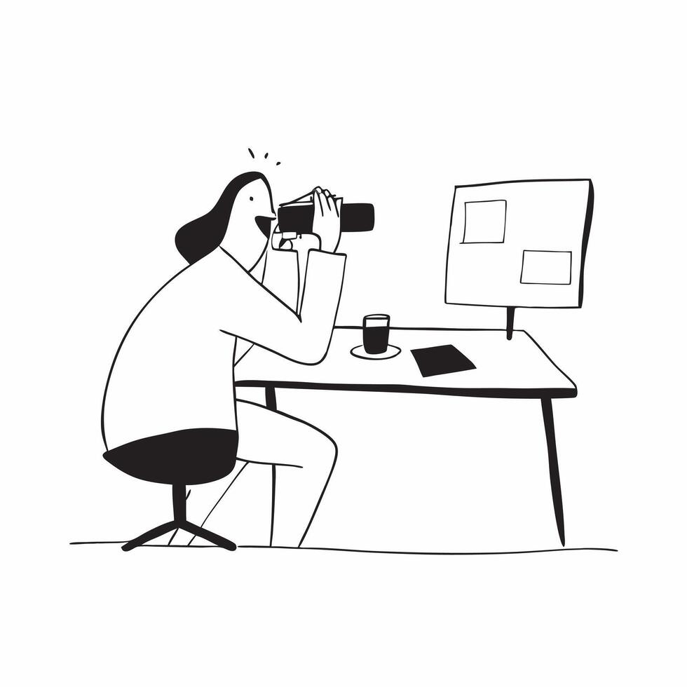 Person Drinking Coffee at Glossy Desk concept as A person drinking coffee at a glossy desk capturing a relaxed yet professional remote work environment Camera angle focuses on the pure Set 3 vector