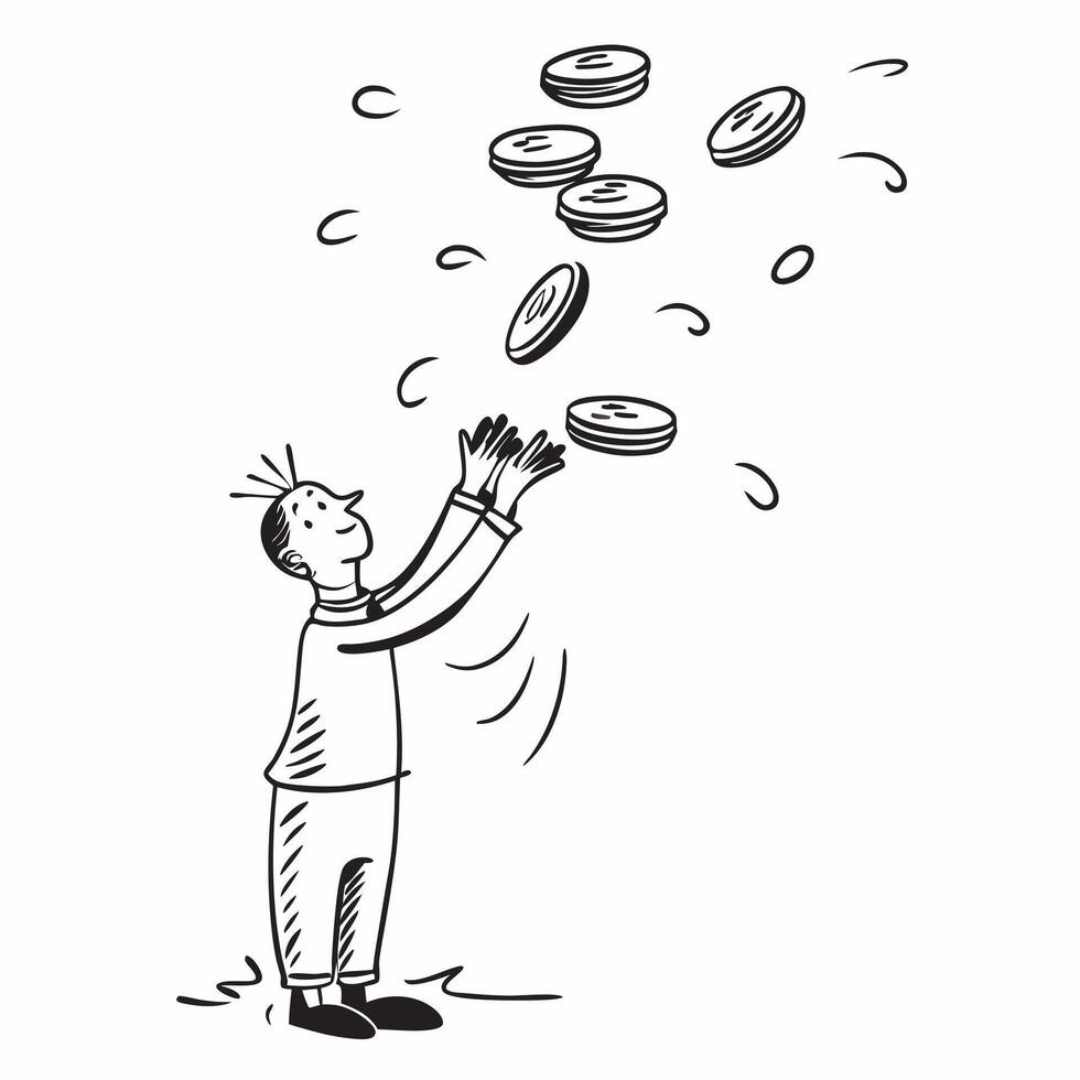 Person Showered in Coins concept as A person being showered in gold coins with a clean background providing ample space for text or graphics symbolizing prosperity and richness in pure vector